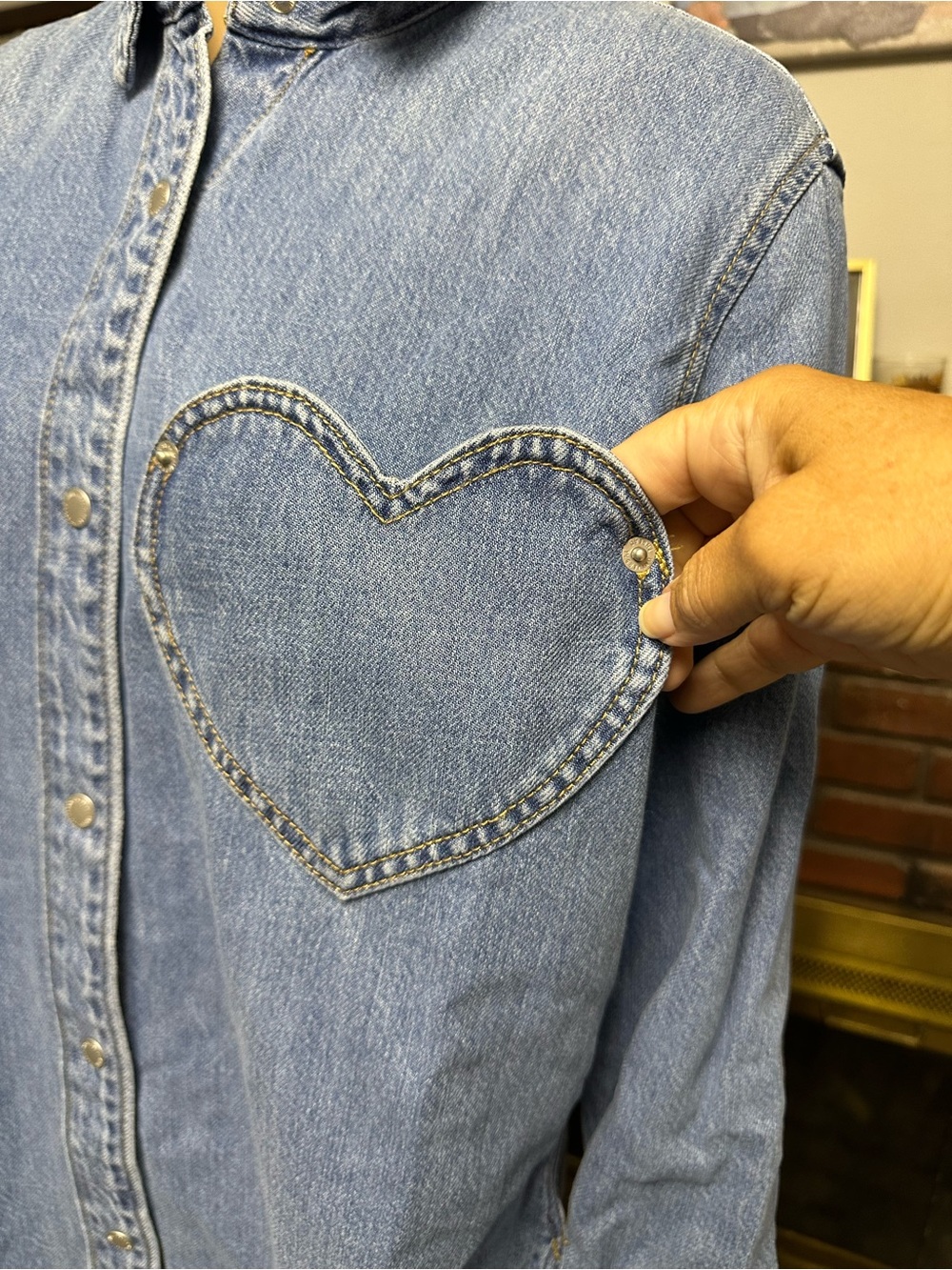 Universal Thread Light Blue Denim Shirt with Heart Patch - Picture 2 of 6
